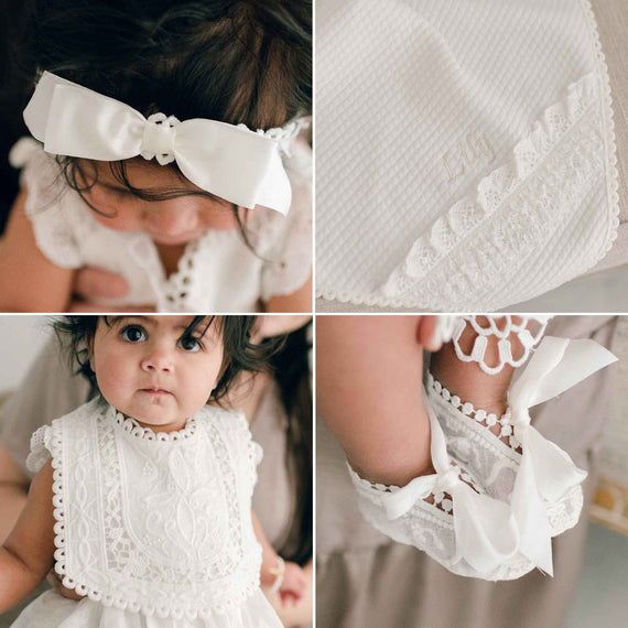 Four photos of the Lily Christening accessories, including the headband, blanket, bib, and booties
