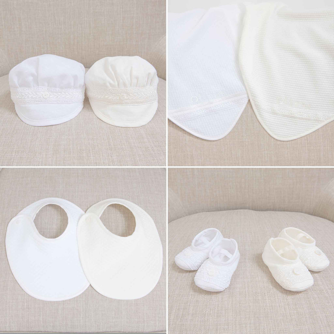 Four photos showing what is included in the Oliver Accessory Bundle, including the Cap, Booties, Bib & Personalized Blanket (in white or ivory).