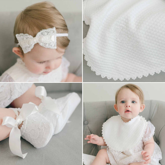 Four-panel image showcasing the Aria Accessory Bundle. Clockwise from the top left panel is the Aria Lace Bow Headband, the Personalized Blanket, the Aria Bib, and lastly, the Light Ivory Lace Booties.