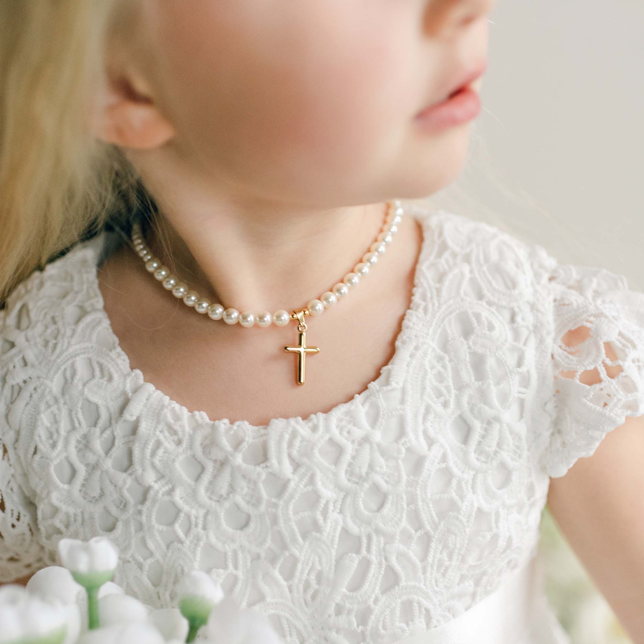 Baby Jewelry Cream Luster Pearl Bracelet with Gold Cross – Baby