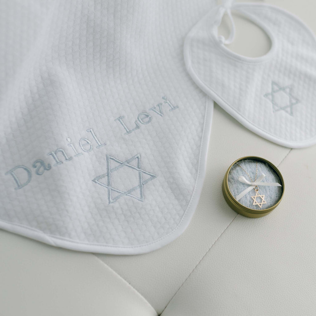 Star of David necklace, embroidered bib and blanket for Bris