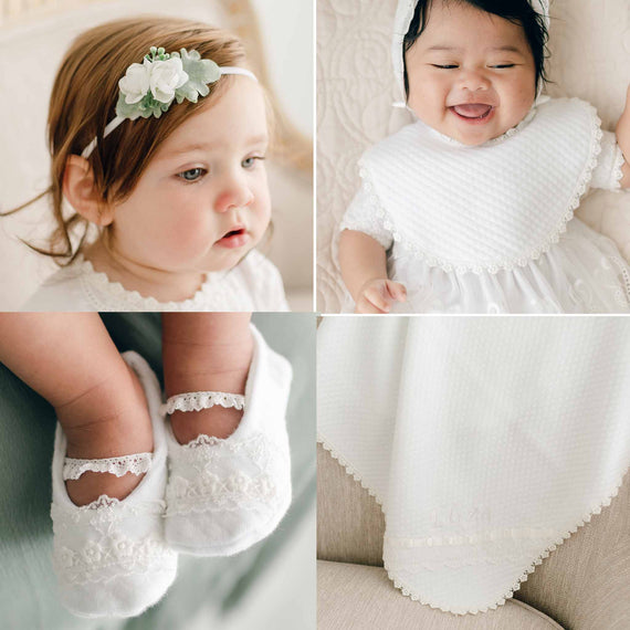 Collage of four images: a baby with a floral headband, heirloom white lace bib on a baby, baby shoes on a wicker surface, and a close-up of upscale fabric with "Eliza" embroidered.