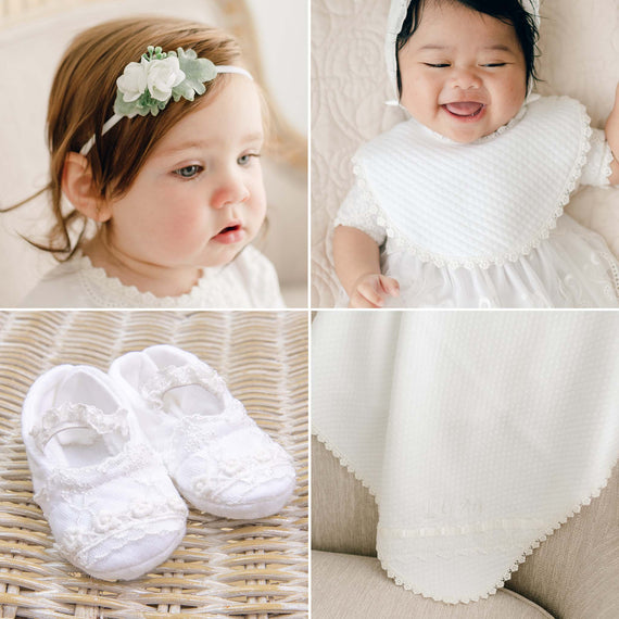 Collage of four images: a baby with a floral headband, heirloom white lace bib on a baby, baby shoes on a wicker surface, and a close-up of upscale fabric with "Eliza" embroidered.