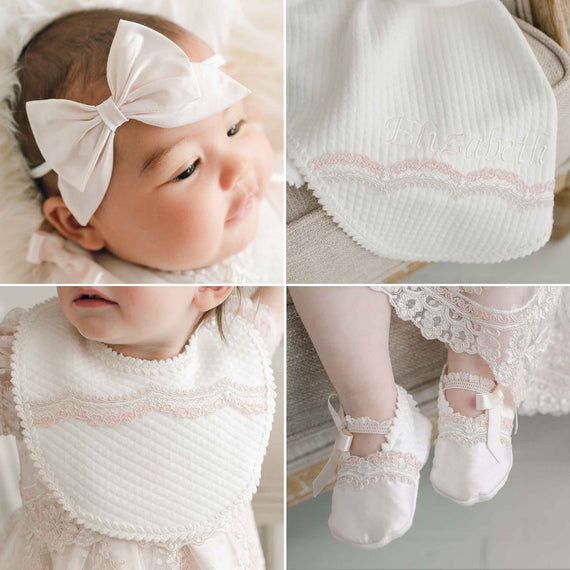 A collage of four images: containing a vintage soft pink bow headband, a personalized christening bib reading 'elizabeth', a detailed white baptism bib with lace, and a baby wearing the bib. and baby shoes.