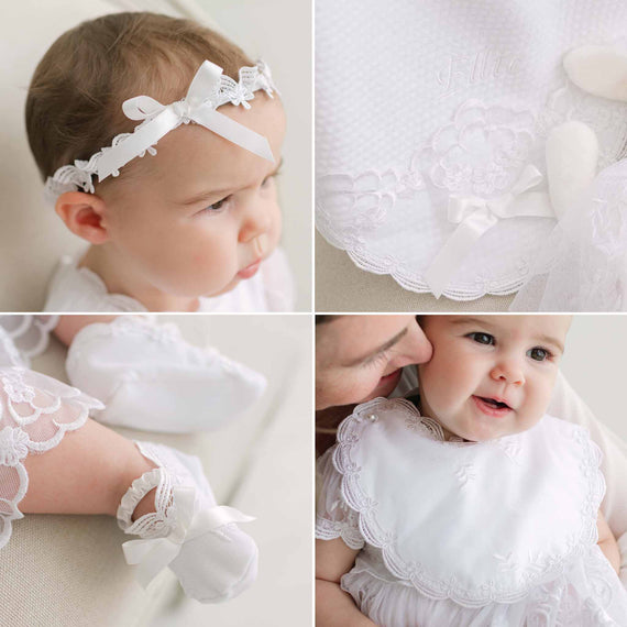 Collage of baby accessories including a lace headband, blanket, booties, and bib.