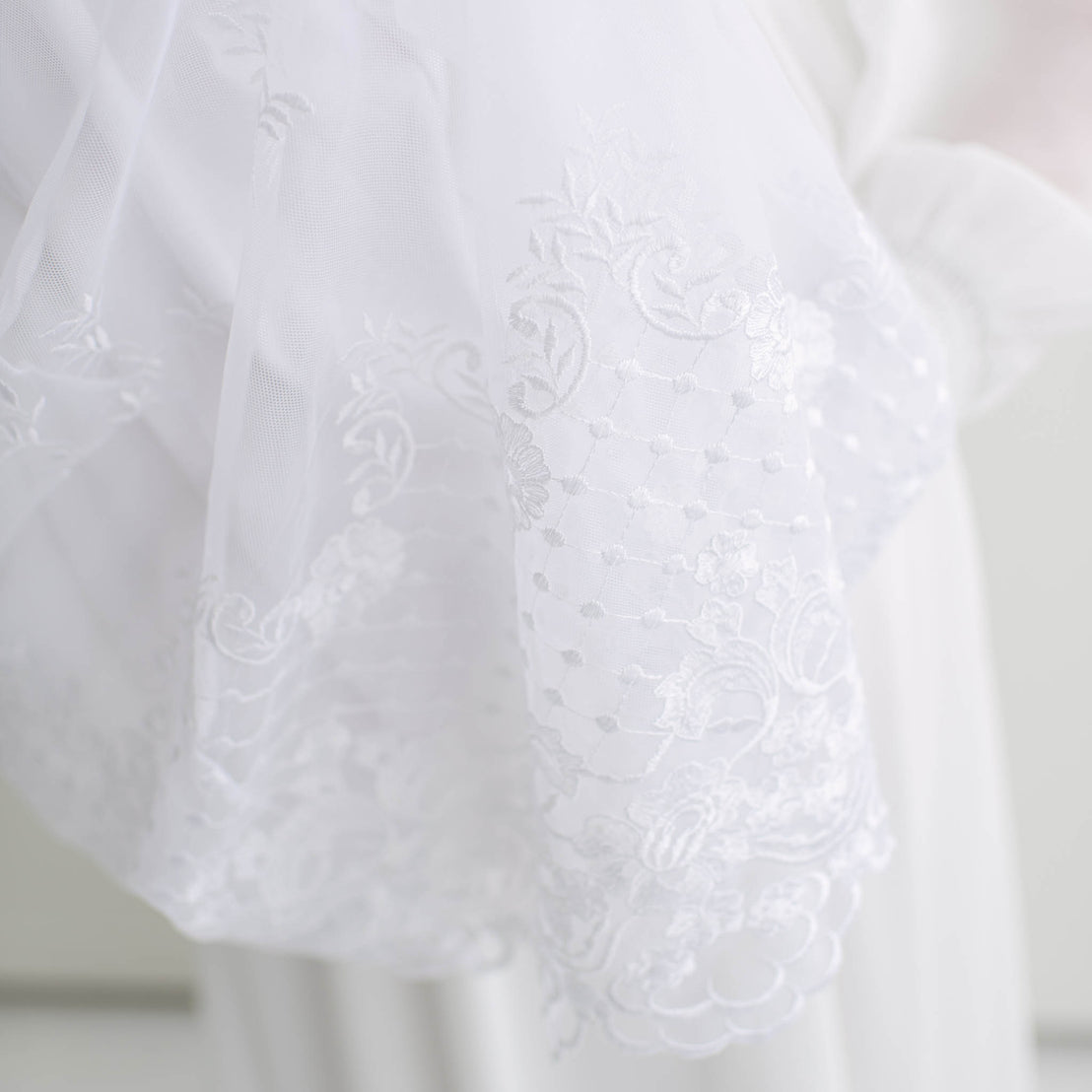 White lace with an intricate pattern on a light background.