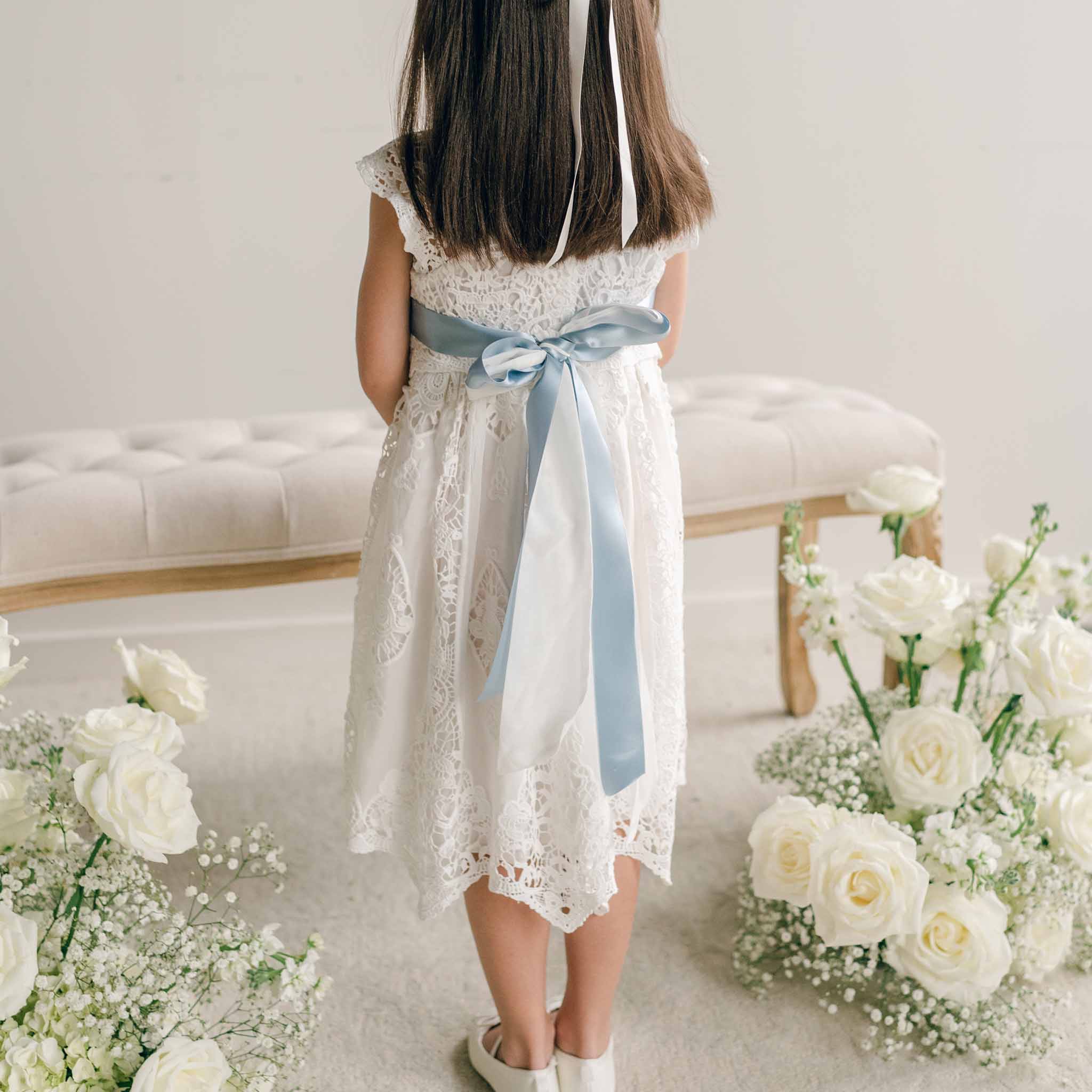 white lace dress with blue bow A-line Deep V Back Ivory Lace Flower Girl Dress, Navy Blue Bow 7T --- Chest = 26 inches/ Waist = 25 inches/ Hollow to knee = 27 inches