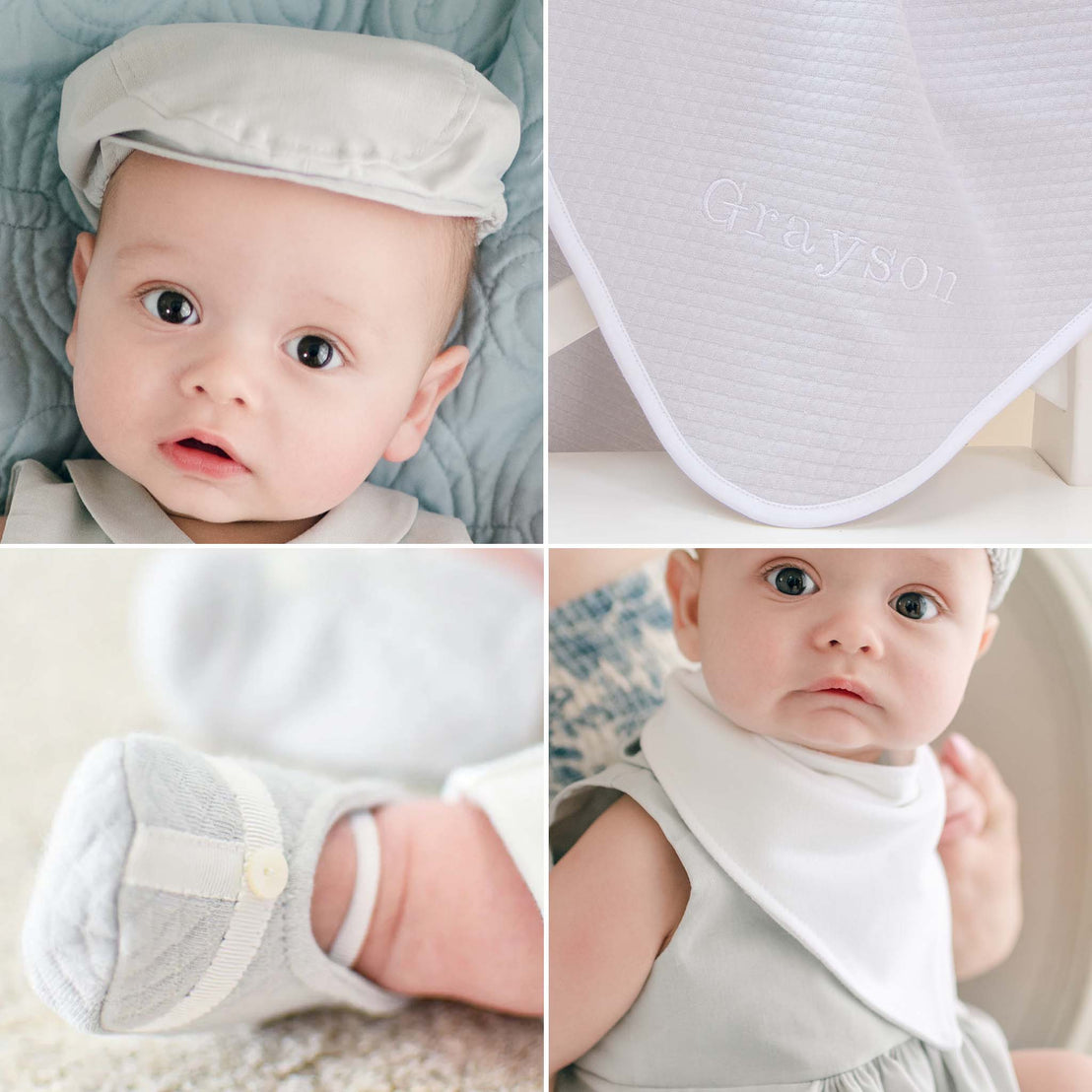 Four photos of the items included in the Grayson Accessory Bundle, including the Cap, Booties, Bib and Personalized Blanket.