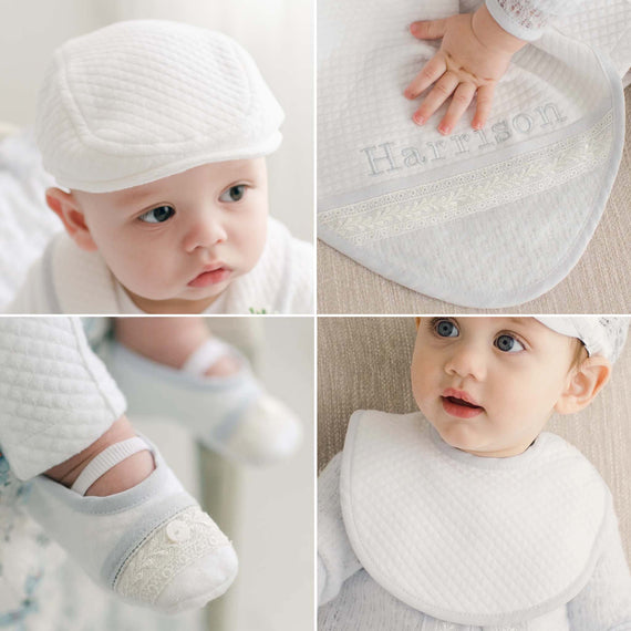 Four photos showcasing the Harrison Suit Accessory Bundle, including the Harrison Quilted Newsboy Cap, Harrison Personalized Blanket, Harrison Bib, and Harrison Booties