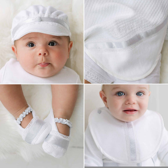 Collage of baby items including a white hat, white quilt blanket, booties, and a white bib