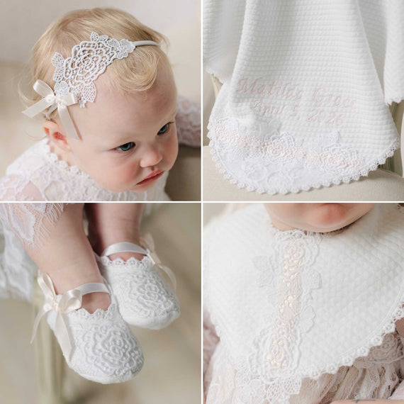 Collage of a baby wearing white lace headband, booties, bib and embroidered blanket.