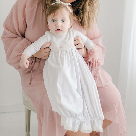 Hailey layette gown on baby girl