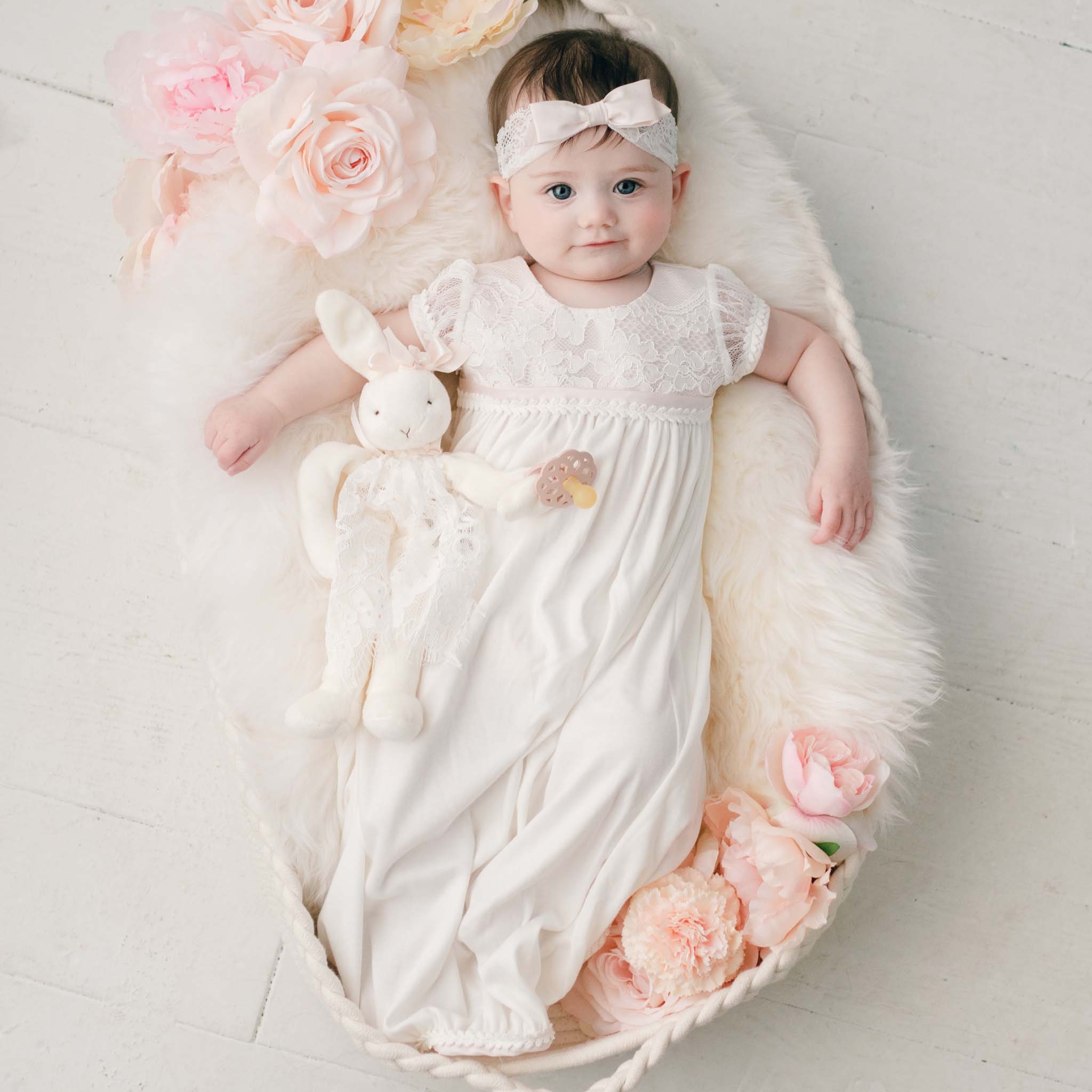 White Satin Flower Petal Baby Dress with Organza Sash – Kid's Dream