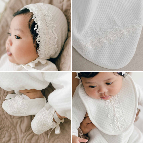 Four images of the Madeline Accessory Bundle: a laced hat, a folded white blanket with lace detail, white embroidered shoes, and a laced bib, all displayed on a beige background.