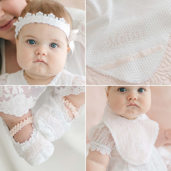 Melissa Accessory Bundle featuring a delicate headband and lace-trimmed outfit, tiny socks, and a blanket, all in soft, neutral tones with floral accents.