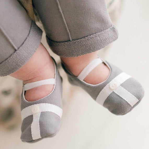 Grey cotton with white ribbon detail baby boy booties