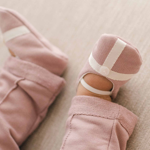 Baby boy mauve cotton and ribbon detail booties