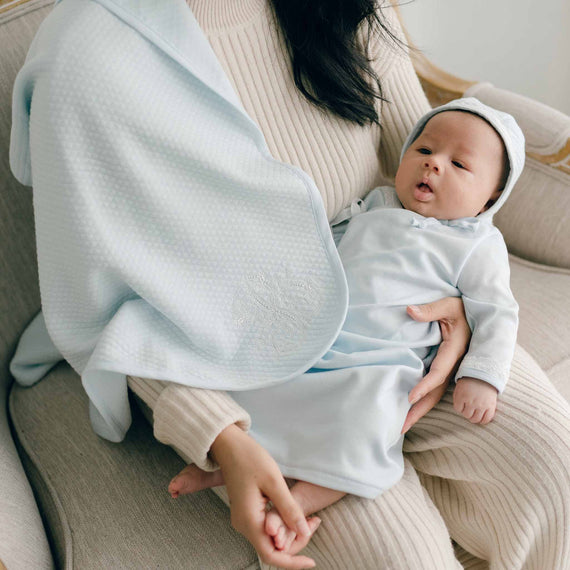 Baby boy and Mom with Powder Blue Quinn Personalized Blanket cotton personalized blanket hand crafted with 100% quilted cotton.