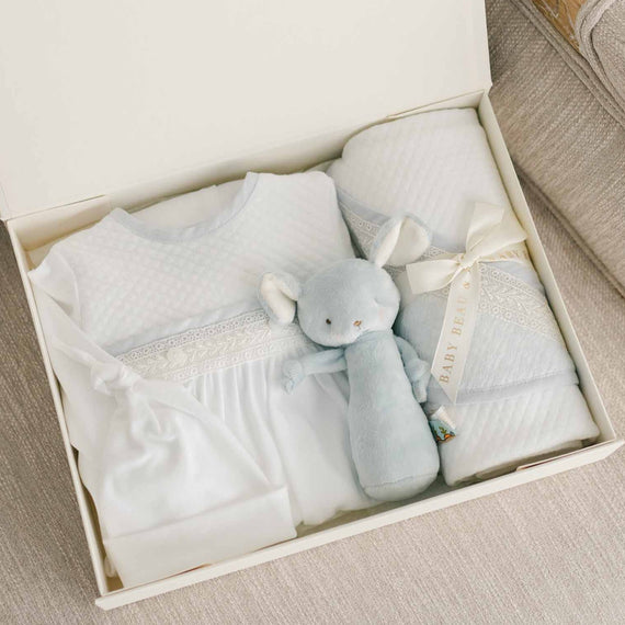 Photo of the Harrison Newborn Gift Set, which includes the Layette Gown, Bonnet (or Knot Cap), Rattle, Blanket, and Gift Box