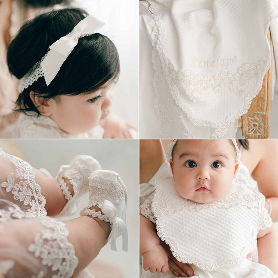 Penelope Christening: lace headband, baby girl baptism blanket, girl christening booties, fancy baby bib