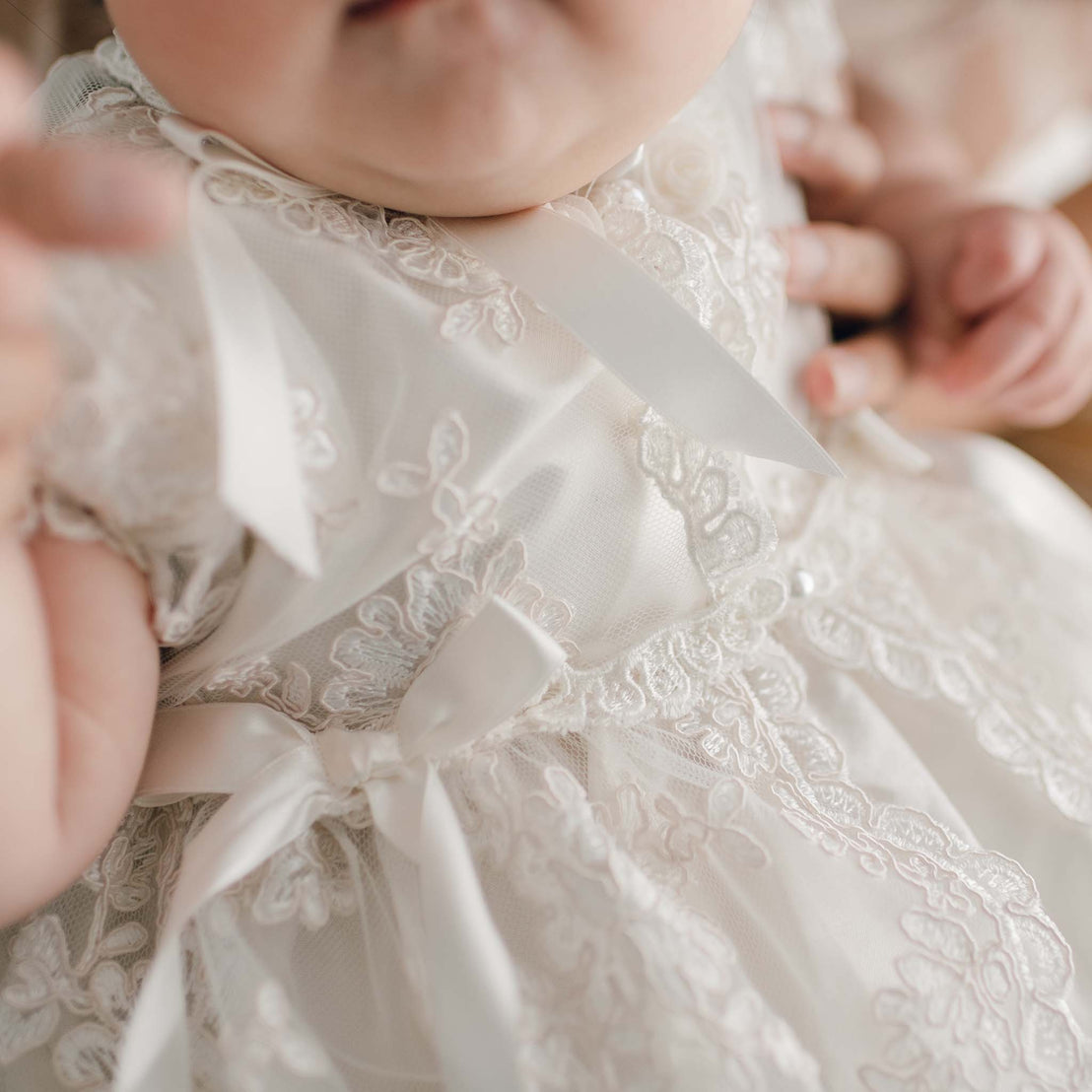 Baby girl traditional christening heirloom gown lace and ribbon bodice detail