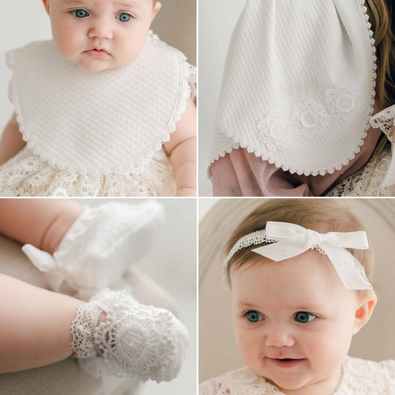 Poppy Christening Accessory Bundle: baptism bib, christening blanket, baby booties, soft lace headband