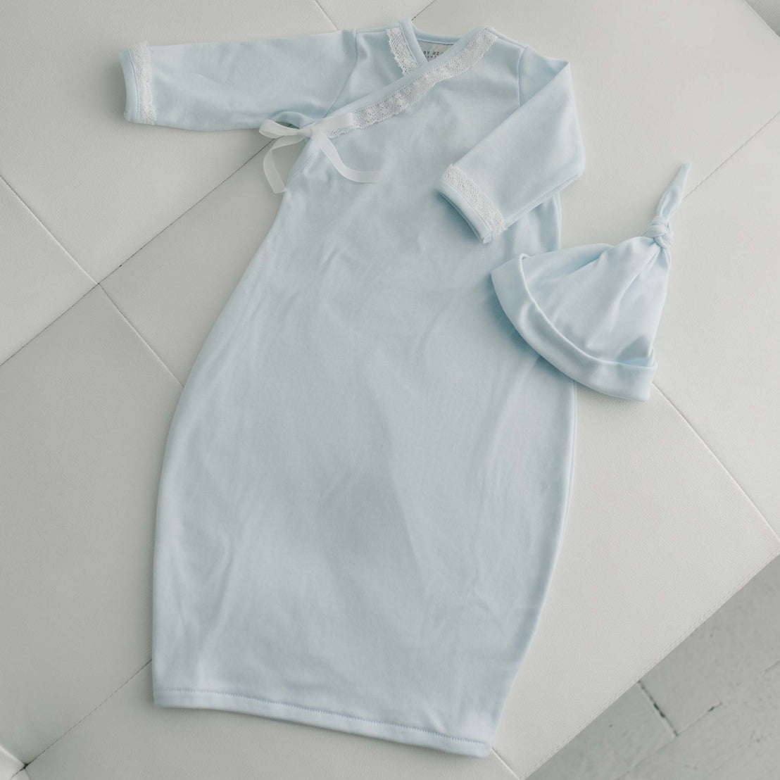 Blue baby boy take me home layette gown and cotton knot hat