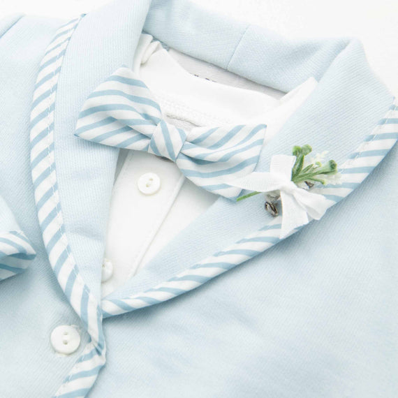 Blue striped cotton bow with and boutonniere  on baby boy party jacket