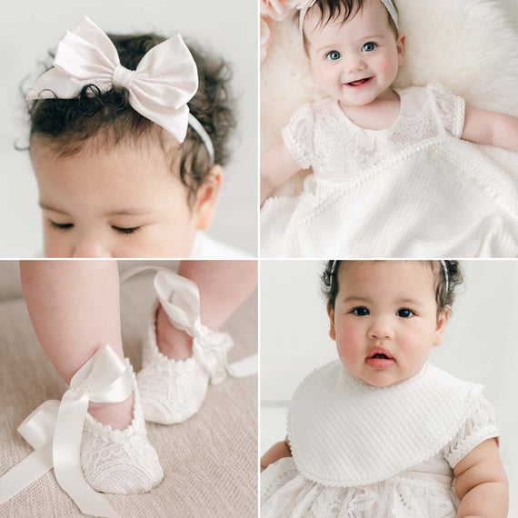 The image is a collage of four items included in the Victoria Accessory Bundle: Victoria Silk Bow Headband, Personalized Blanket, Christening Bib, and Lace Christening Booties.