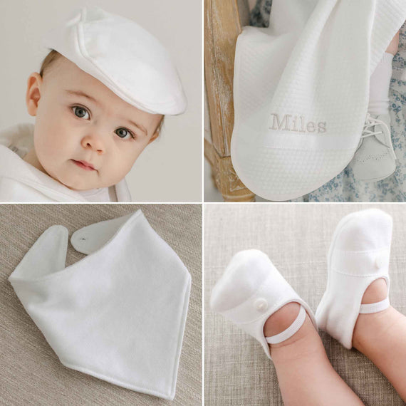 Four photos showing the Miles Suit Accessory Bundle, including the Miles cap, booties, bib, and personalized blanket