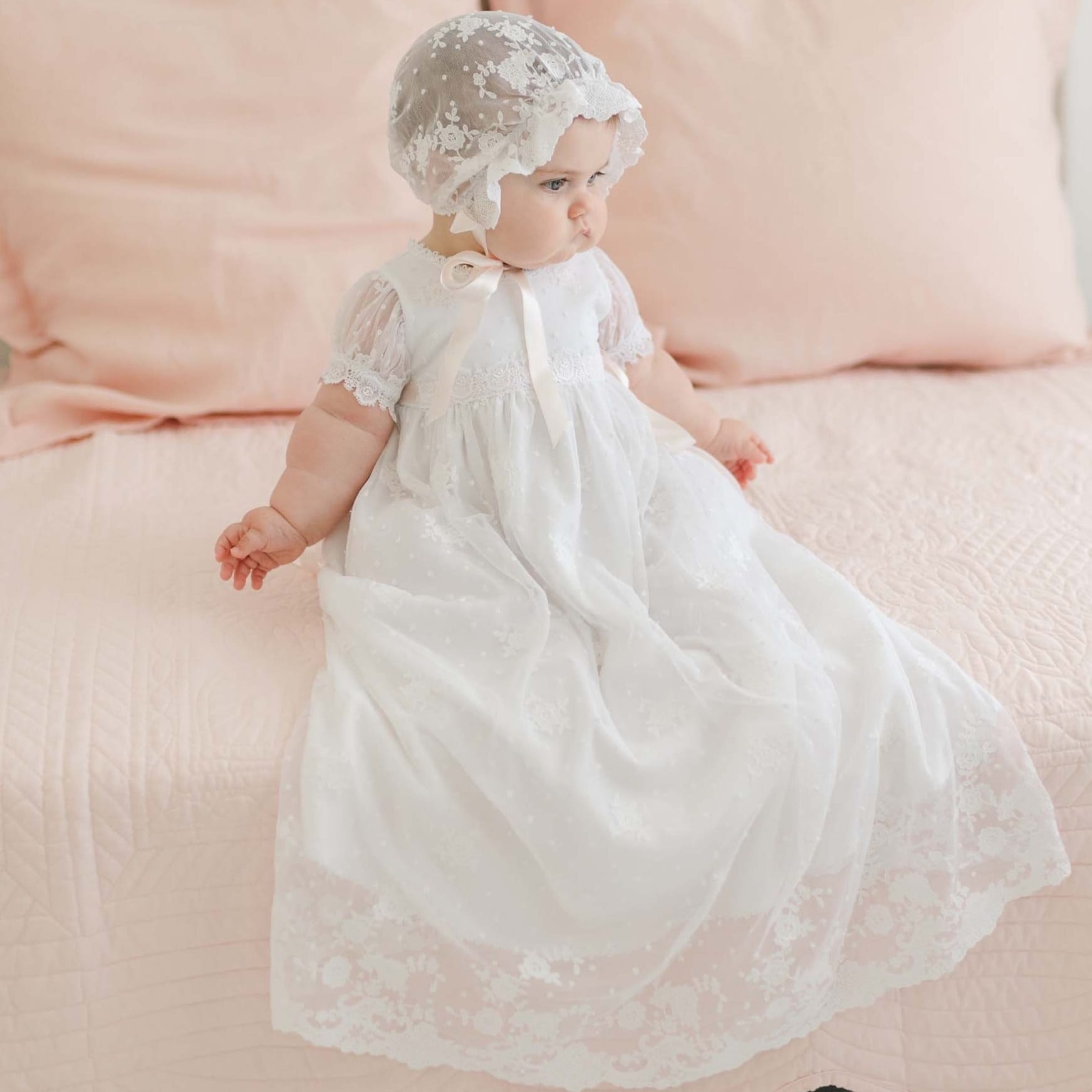 newborn white christening dress Lace Embroidered Baptism Gown Baby-Girls infant Gown with Bonnet Set, Ivory / 13-18 months with full cotton lining and French seams for your babys comfort Jxzom Newborn Baby Girl Christening