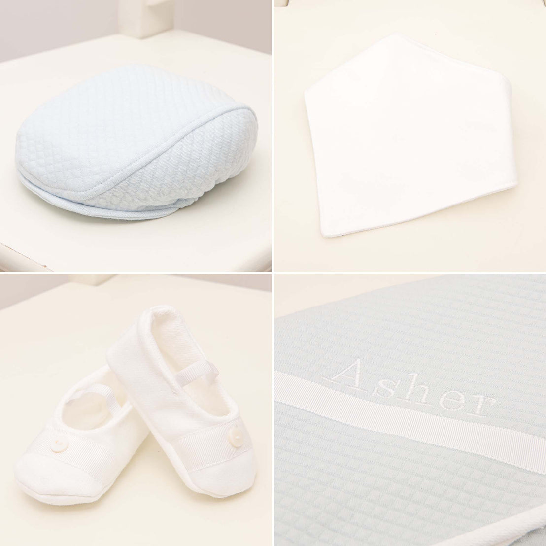 A cozy and inviting scene is created with a collage of baby items: the Asher Soft Teal Suit Accessory Bundle, featuring a soft teal baby pillow, a white bib, charming white baby shoes, and a personalized quilted blanket embroidered with the name "Asher.