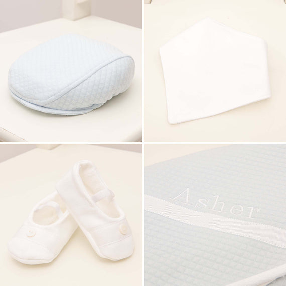 A cozy and inviting scene is created with a collage of baby items: the Asher Soft Teal Suit Accessory Bundle, featuring a soft teal baby pillow, a white bib, charming white baby shoes, and a personalized quilted blanket embroidered with the name "Asher.