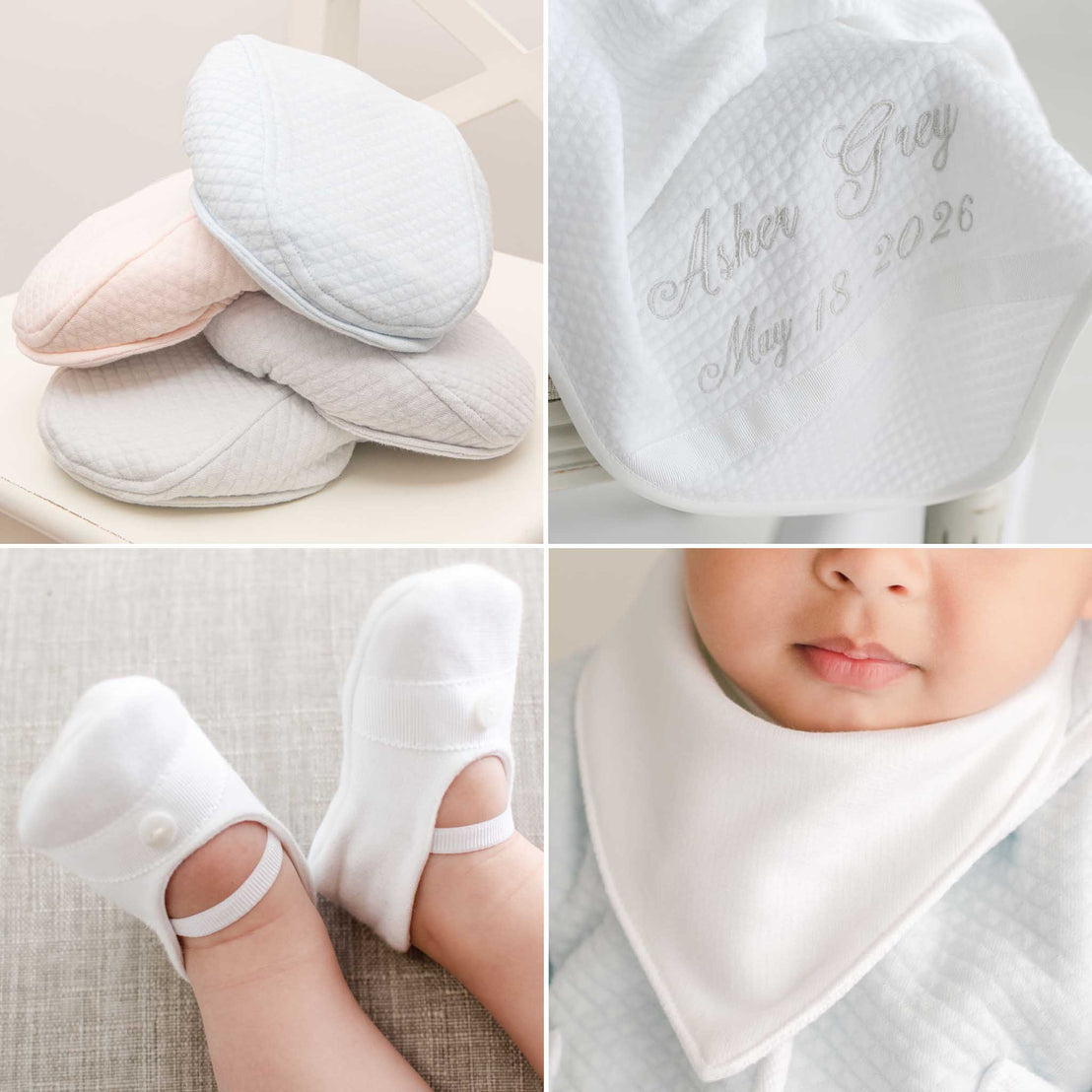 Four photos showing what is included in the Asher Suit Accessory Bundle, including the personalized blanket, booties, bib and cap (available in four different colors: grey, blush, powder blue, or soft teal).