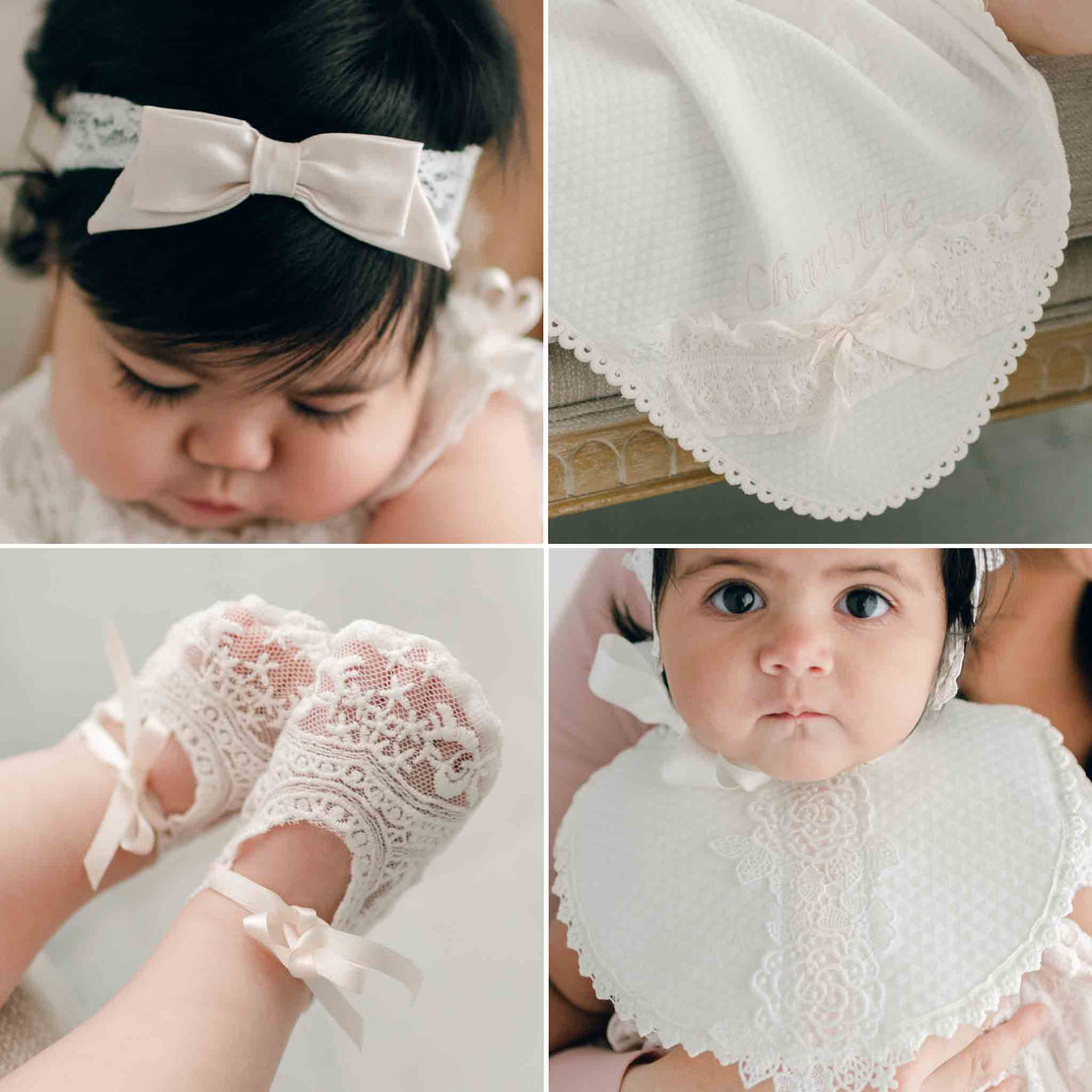 A collage of four images featuring the Charlotte Accessory Bundle: Charlotte Lace Headband, Charlotte Personalized Blanket, Charlotte Bib, and Charlotte Booties. cotton and lace bib
