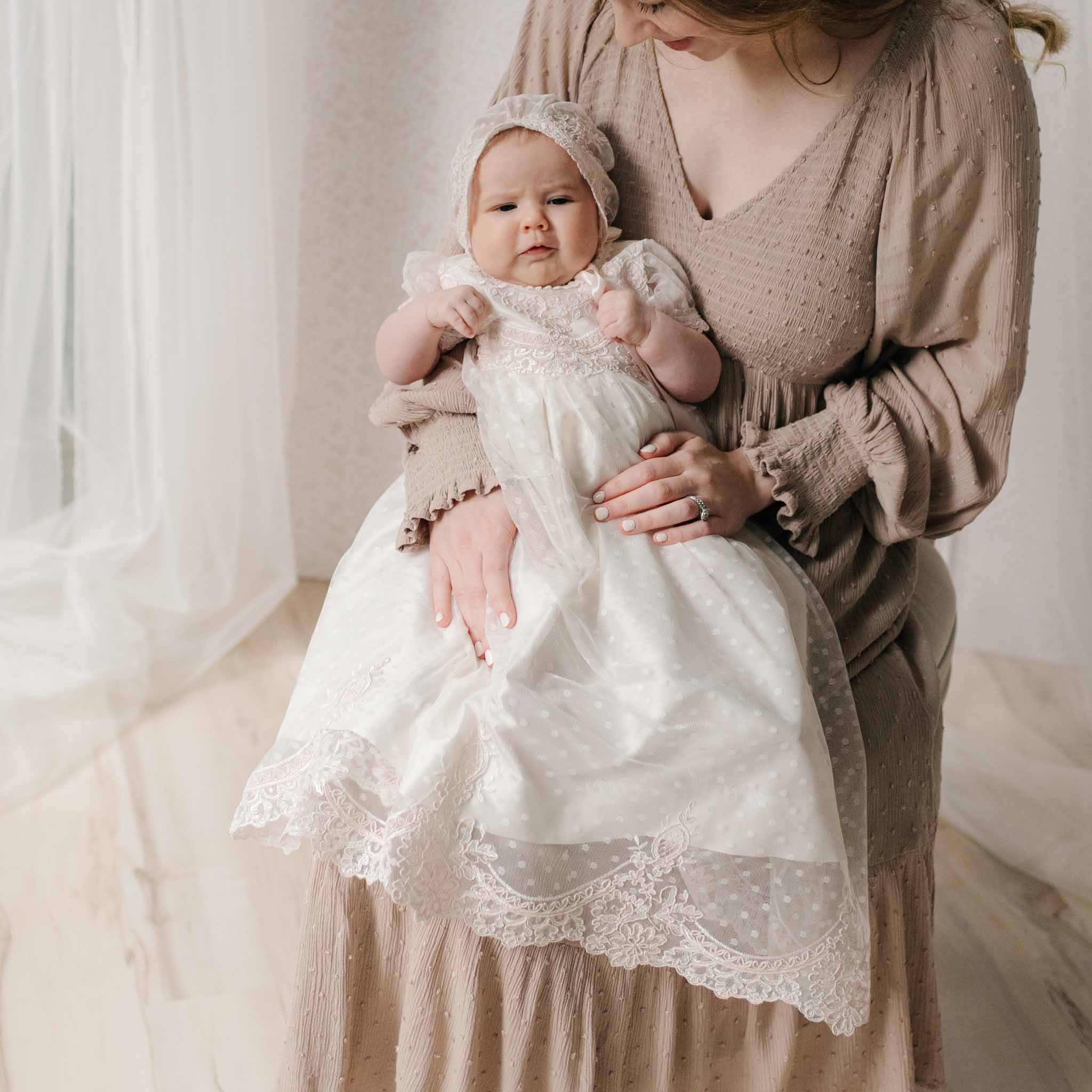 Elizabeth Newborn Christening Gown & Bonnet at Baby Beau & Belle