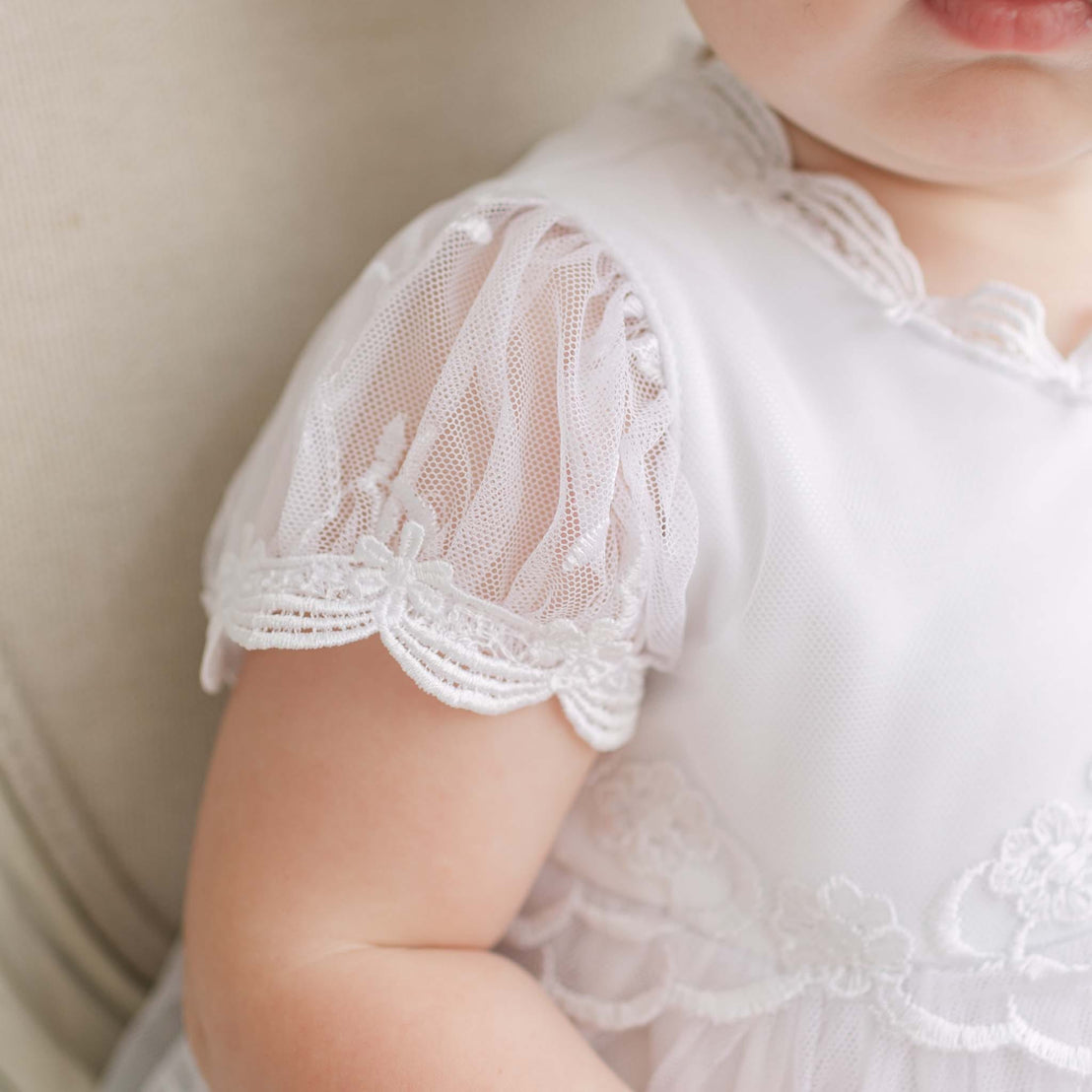 Close-up of a baby wearing a white lace dress with a neutral background.