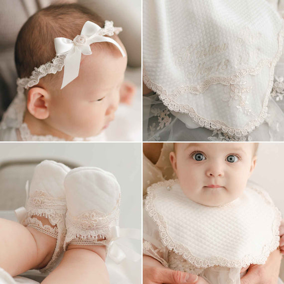 A four-panel collage showing a baby wearing an ivory lace headband with a bow, an ivory lace-trim bib or blanket, lace booties, and an ivory bib being held by an adult.
