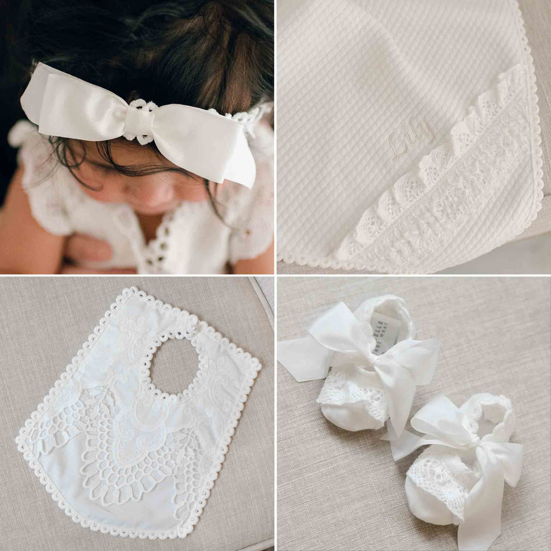 Collage of baby accessories including a headband, blanket, bib, and shoes with lace details.