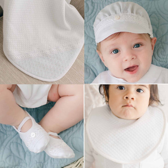 Collage of baby boy items from the Henry Collection including a personalized quilt blanket, white linen hat, booties, and a quilt bib.