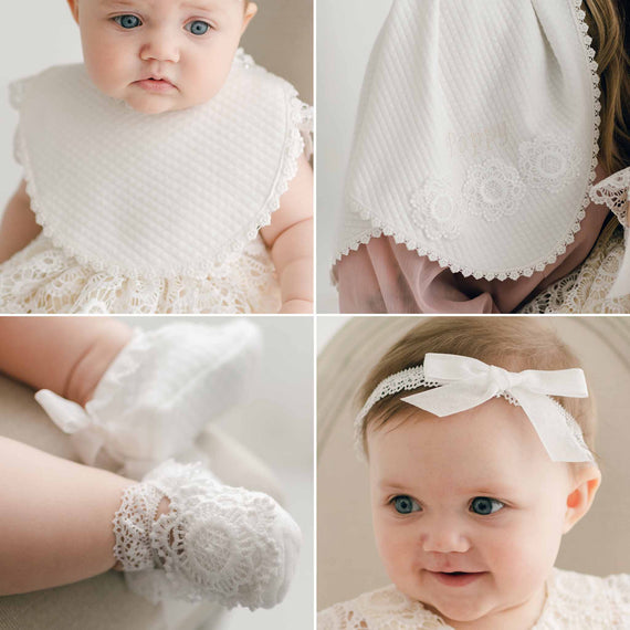 Poppy Christening Accessory Bundle: bib, personalized blanket, booties, and headband.