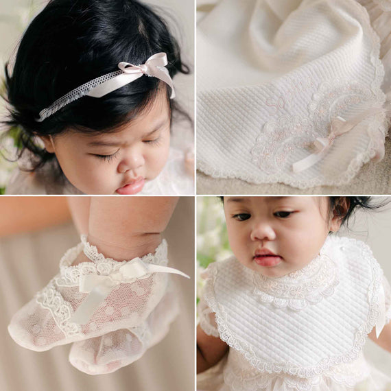 Sophia Accessory Bundle with lace bib, embroidered blanket, sheer booties, and silk ribbon headband.