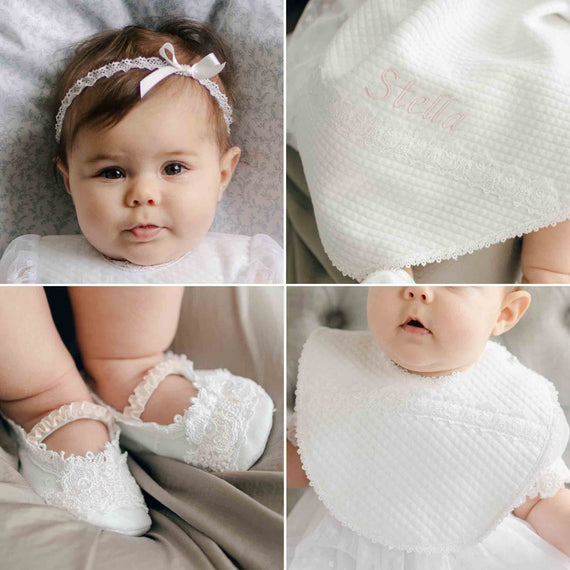 Four-part image of the Stella Accessory Bundle showing lace headband with bow, personalized blanket, lace-trimmed booties, and matching quilted bib.