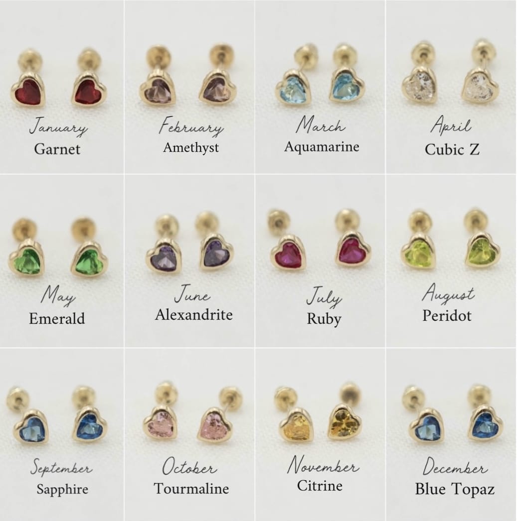 14k Gold Heart Birthstone Earrings