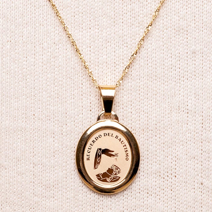 14k Gold Oval Etched Blessing Charm With Chain