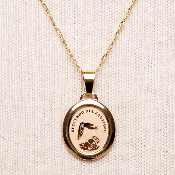 14k Gold Oval Etched Blessing Charm With Chain