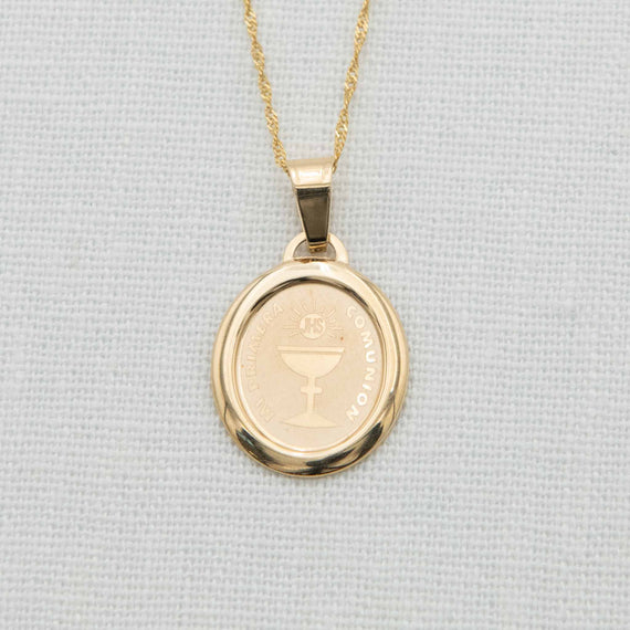 Solid gold charm with cup and quote engraving on chain