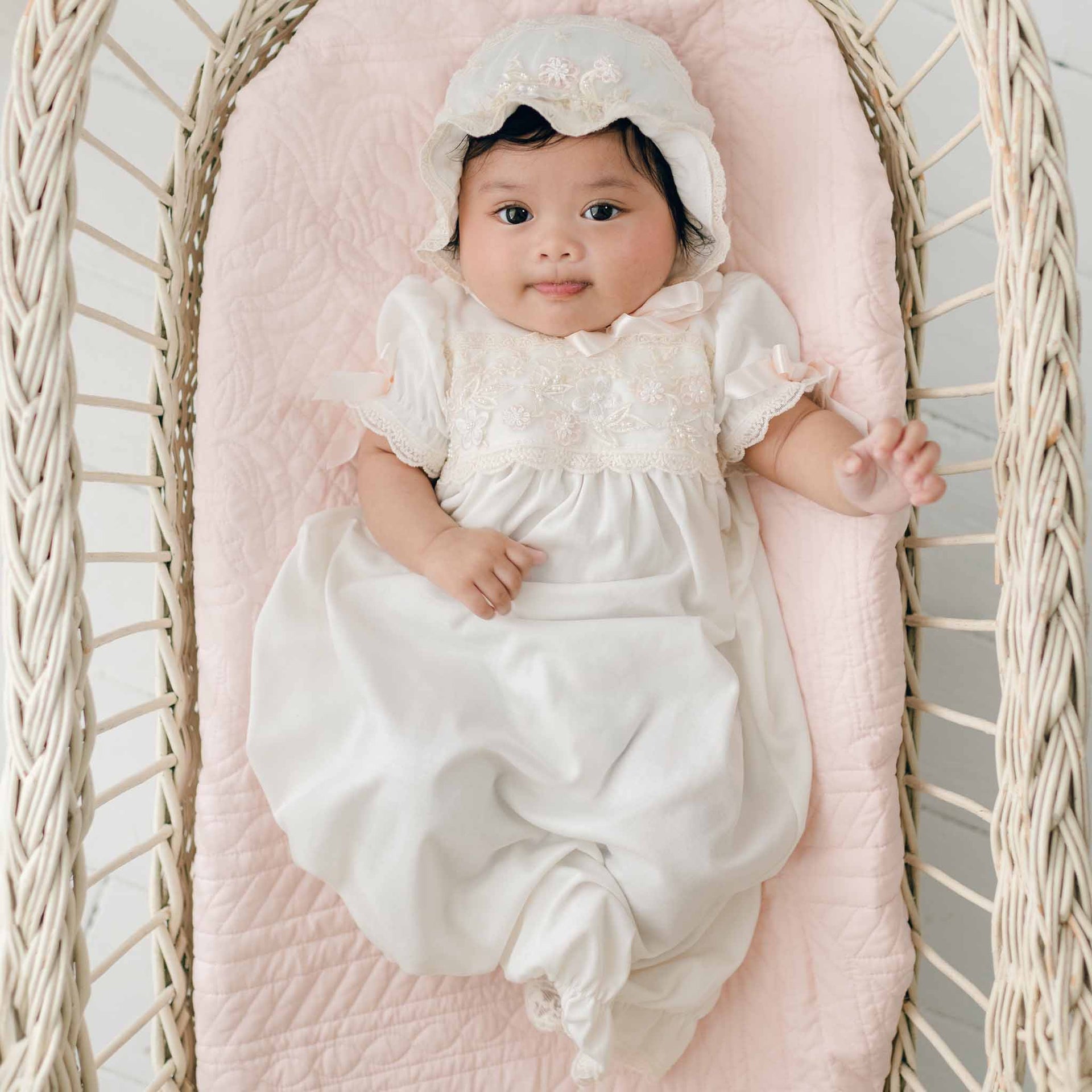 newborn infant dresses Jessica Gown & Bonnet at Baby Beau & Belle Gossamer - Dress With Pale pink silk ribbons feature: corset Color:Silver/Beige