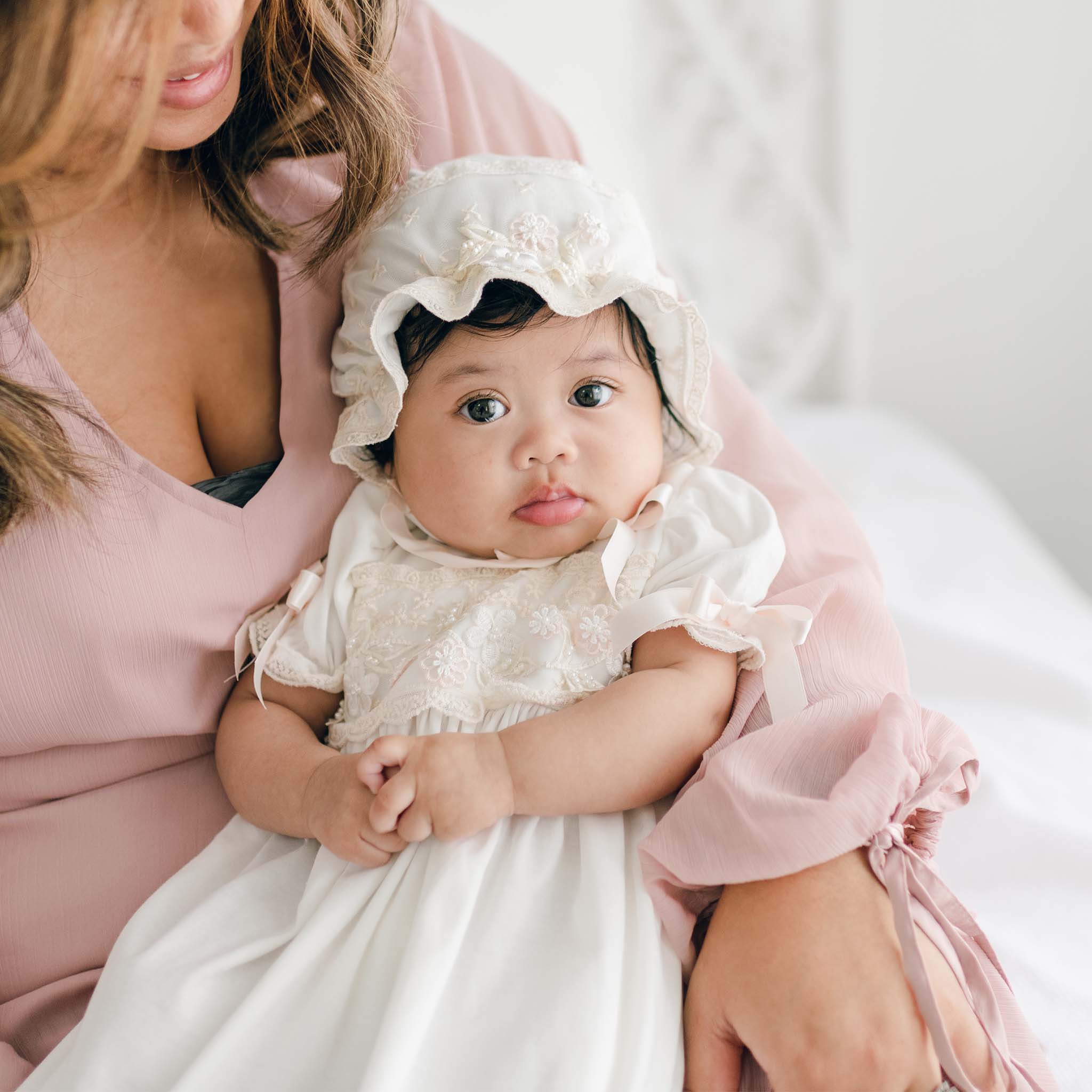 Jessica Newborn Gown & Bonnet at Baby Beau & Belle