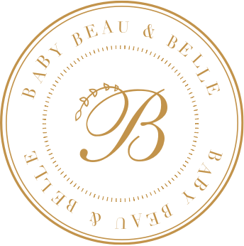A circular logo with a decorative letter "B" in the center, surrounded by the words "Baby Beau & Belle" repeated twice along the edge in an elegant serif font. The design is in a brown color on a transparent background.